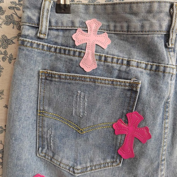 Chrome Hearts Blue Jeans With Pink Crosses - Picture 2 of 13